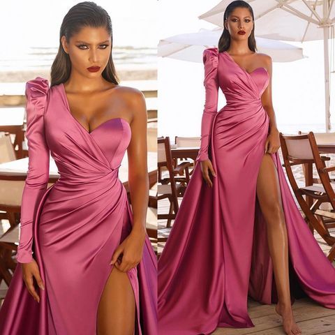 hot pink prom dresses long sleeve satin ...